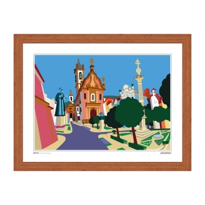 Quadro com ilustração colorida de paisagem urbana com edifícios e árvores