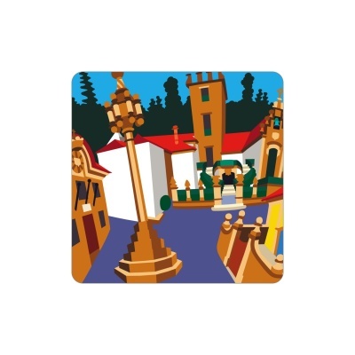 Ilustração gráfica colorida de arquitetura tradicional numa praça urbana