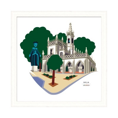 Desenho de edifício gótico com árvores e estátua azul, texto BEJA ALENTEJO