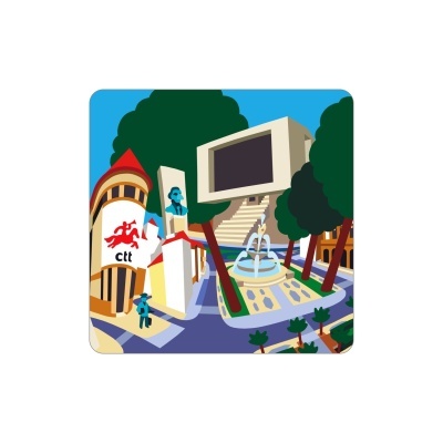 Ilustração colorida de praça urbana com fonte, árvores, busto e edifício com logotipo CTT