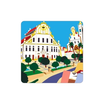 Ilustração de edifícios históricos com árvores e céu azul