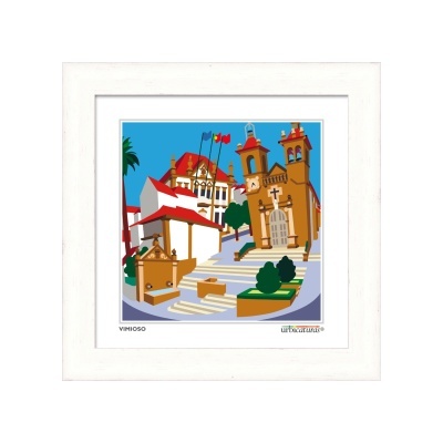 Quadro digital colorido de praça em Vimoso com igrejas e edifícios.