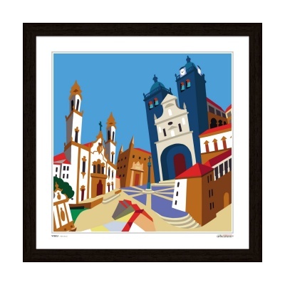 Ilustração colorida de edifícios históricos em moldura escura