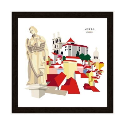 Ilustração gráfica da cidade de Lisboa com estátua em primeiro plano e moldura preta