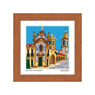 Quadro em moldura de madeira, ilustração de igreja amarela com céu azul