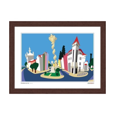 Quadro ilustrativo colorido de edifícios e escultura em moldura castanha