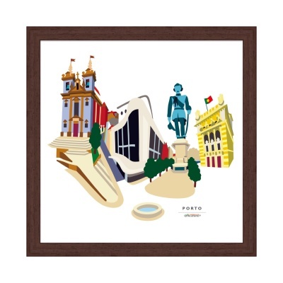 Ilustração colorida de edifícios e estátua do Porto numa moldura castanha