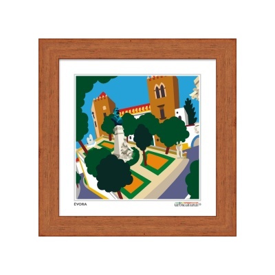 Gravura artística colorida de jardim e edifícios com moldura de madeira