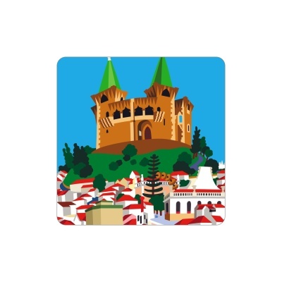 Ilustração de castelo castanho no topo de um monte verde com vilarejo branco de telhados vermelhos embaixo