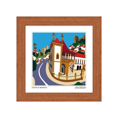 Ilustração colorida do Castelo Branco num quadro com moldura de madeira castanha