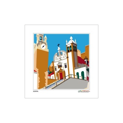 Imagem gráfica colorida de monumentos em Serpa com torre de relógio e igreja