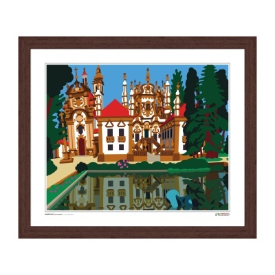 Obra de arte emoldurada de um castelo com torres e edifício branco com telhado vermelho junto a árvores e reflexo na água