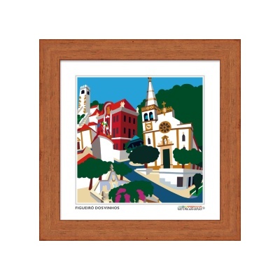 Ilustração colorida de edifícios históricos em moldura de madeira