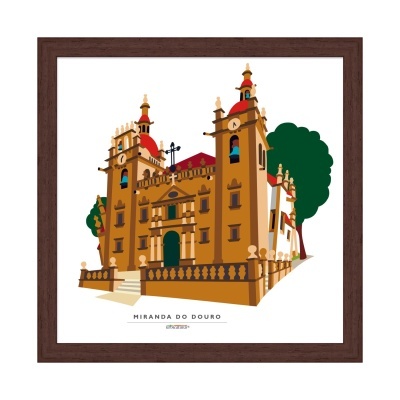 Ilustração emoldurada de edifício histórico em Miranda do Douro