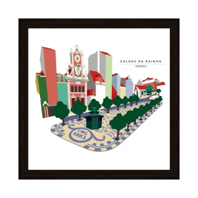 Ilustração colorida da cidade Caldas da Rainha com edifícios, árvores e calçada azulejada em moldura preta