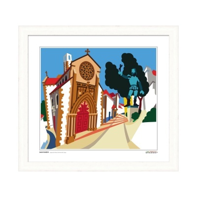 Arte digital colorida de igreja e figura estilizada com árvores