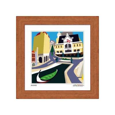Pintura colorida de cenário urbano de Aveiro emoldurada em madeira