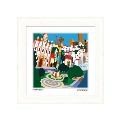 Ilustração colorida de Praça em Portalegre com edifícios, escultura e vegetação