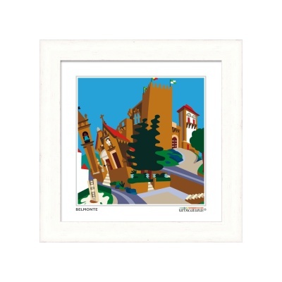 Quadro branco com ilustração de edifícios históricos e árvores