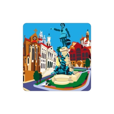 Monumento com estátua de cavaleiro e edifícios coloridos em estilo ilustrado