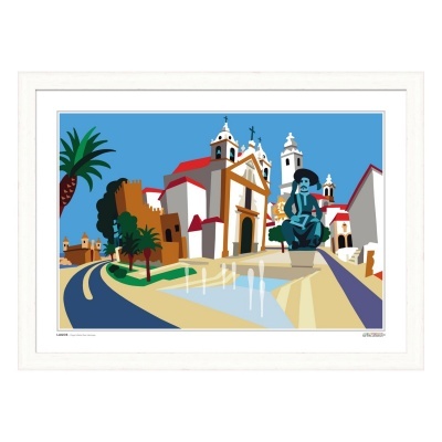 Ilustração digital de edifícios históricos com estátua azul e palmeiras sob um céu azul