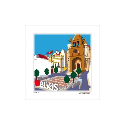 Ilustração digital colorida do centro histórico de Elvas com torre, árvores e pavimento de azulejos