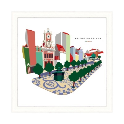 Ilustração da cidade de Caldas da Rainha com prédios coloridos e um passeio de mosaico azul e branco