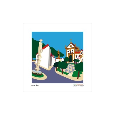 Ilustração gráfica colorida de uma praça com fonte, árvores e igreja em Monção