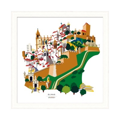Quadro ilustrativo colorido da cidade de Elvas em moldura branca