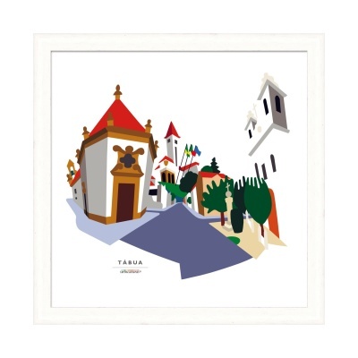 Ilustração digital colorida de uma aldeia com capela e árvores, com texto 'TÁBUA'.