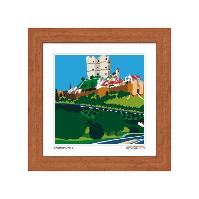 Gravura colorida do castelo e aldeia de Evora Monte em moldura de madeira castanha