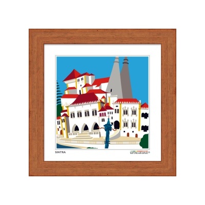 Ilustração colorida de edifícios e chaminés em gravura emoldurada