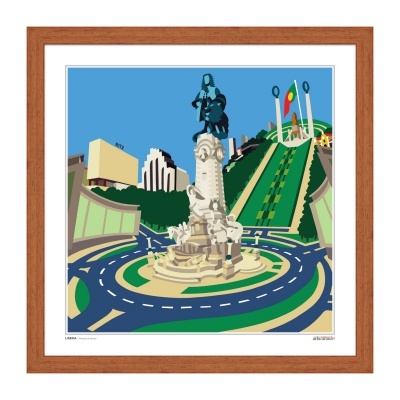 Quadro colorido com moldura de madeira mostrando monumento numa rotunda e campo inclinado com bandeiras
