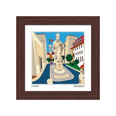 Ilustração colorida de estátua urbana com moldura castanha