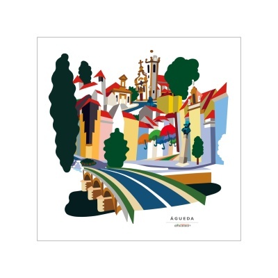 Ilustração colorida de cidade com casas, árvores e guarda-chuvas em Águeda