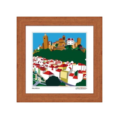 Quadro decorativo com imagem estilizada da vila de Palmela em moldura de madeira