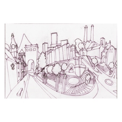 Desenho a preto e branco de paisagem urbana com edifícios e árvores.