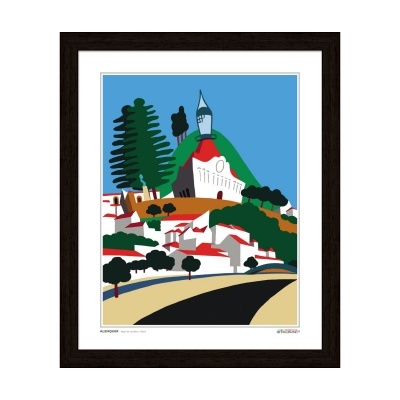 Quadro ilustrativo de paisagem urbana com colina, construções e árvores em moldura preta