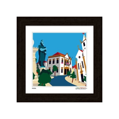 Quadro decorativo com ilustração gráfica colorida de praça e estátua