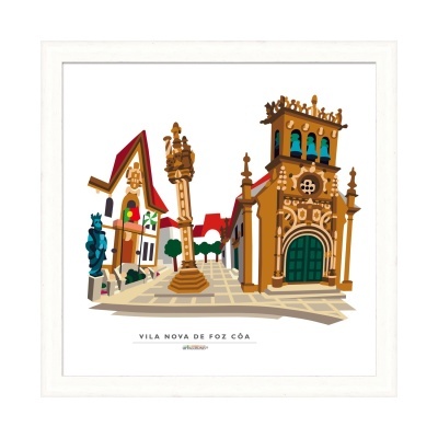 Ilustração de edifícios históricos em Vila Nova de Foz Côa, com colunas e porta verde