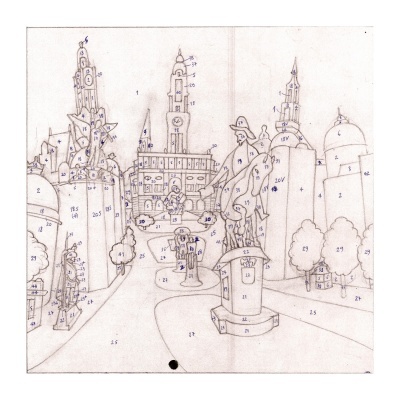 Desenho à mão de praça com estátuas, árvores e edifícios com números para colorir