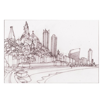 Desenho a preto e branco de uma cidade com edifícios e estrada