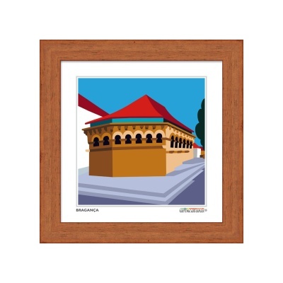 Quadro com ilustração moderna de edifício com teto vermelho e paredes amarelas, moldura de madeira castanha