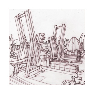 Desenho urbanístico a lápis de pontes elevadiças e edifícios