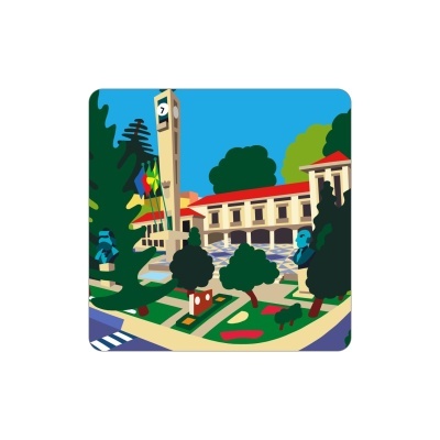 Ilustração de edifício com torre, bandeiras, árvores e estátuas