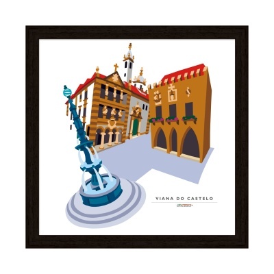 Ilustração colorida de praça com edifícios históricos e monumento em Viana do Castelo