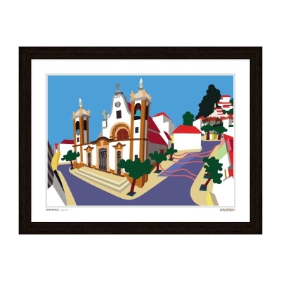 Cartaz colorido emoldurado com desenho estilizado de igreja e ruas com árvores