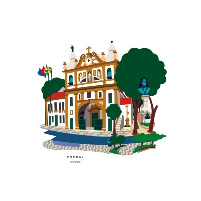 Ilustração de prédio histórico com torres, árvore, busto e bandeiras