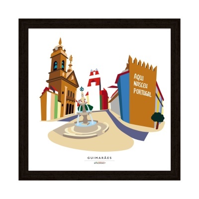 Arte gráfica colorida de praça com fonte e edifícios com texto 'AQUI NASCEU PORTUGAL'