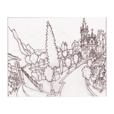 Desenho a lápis de uma rua com árvores e uma igreja antiga no fundo